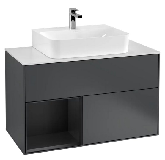 Тумба под раковину Villeroy & Boch Finion 100х50,1 см с подсветкой МДФ темно-синий матовый лак/черный матовый лак/стекло белое матовое F111PDHG