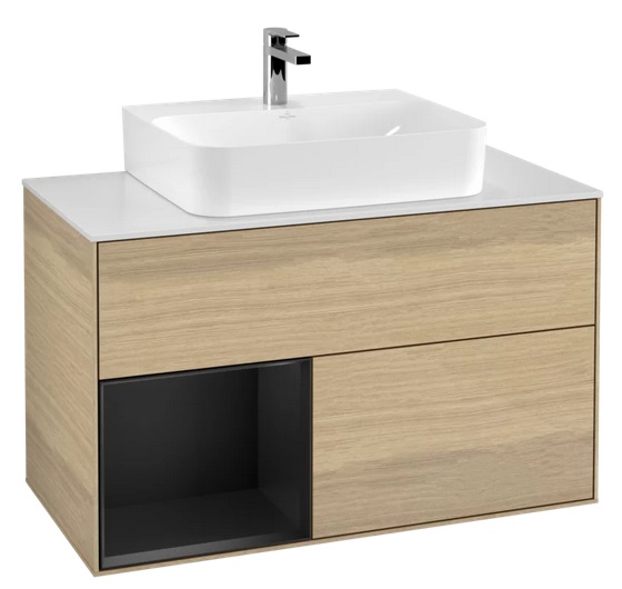 Тумба под раковину Villeroy & Boch Finion 100х50,1 см с подсветкой ДСП шпон дуба/черный матовый лак/стекло белое матовое F111PDPC