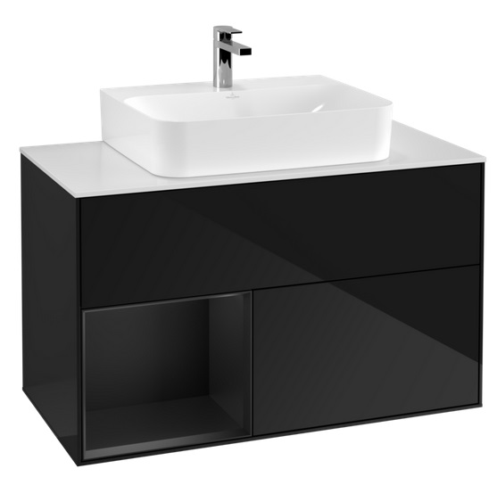 Тумба под раковину Villeroy & Boch Finion 100х50,1 см с подсветкой МДФ глянцевый черный лак/черный матовый лак/стекло белое матовое F111PDPH