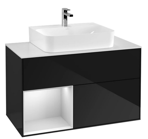 Тумба під раковину Villeroy & Boch Finion 100х50,1 см із підсвічуванням МДФ глянсовий чорний лак/білий матовий лак/скло біле матове F111MTPH