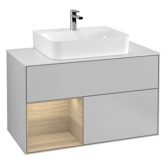 Тумба под раковину Villeroy & Boch Finion 100х50,1 см с подсветкой МДФ светло-серый матовый лак/шпон дуба/стекло белое матовое F111PCGJ