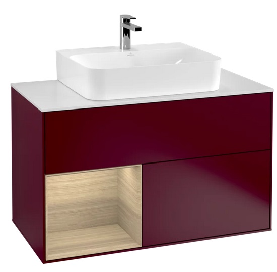 Тумба под раковину Villeroy & Boch Finion 100х50,1 см с подсветкой МДФ пион матовый лак/шпон дуба/стекло белое матовое F111PCHB