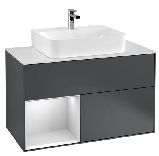 Тумба под раковину Villeroy & Boch Finion 100х50,1 см с подсветкой МДФ темно-синий матовый лак/белый матовый лак/стекло белое матовое F111MTHG