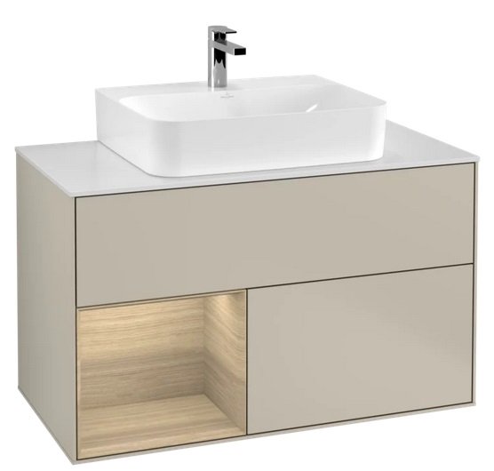 Тумба под раковину Villeroy & Boch Finion 100х50,1 см с подсветкой МДФ песок матовый лак/шпон дуба/стекло белое матовое F111PCHH