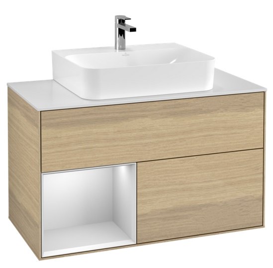 Тумба під раковину Villeroy & Boch Finion 100х50,1 см з підсвічуванням ДСП шпон дуба/білий матовий лак/скло біле матове F111MTPC