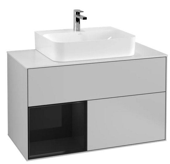 Тумба під раковину Villeroy & Boch Finion 100х50,1 см із підсвічуванням МДФ світло-сірий матовий лак/глянцевий чорний лак/скло біле матове F111PHGJ