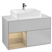 Тумба під раковину Villeroy & Boch Finion 100х50,1 см з підсвічуванням МДФ світло-сірий матовий лак/шпон дуба/скло біле матове F111PCGJ