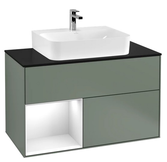 Тумба под раковину Villeroy & Boch Finion 100х50,1 см с подсветкой МДФ оливковый матовый лак/глянцевый белый лак/стекло черное матовое F112GFGM