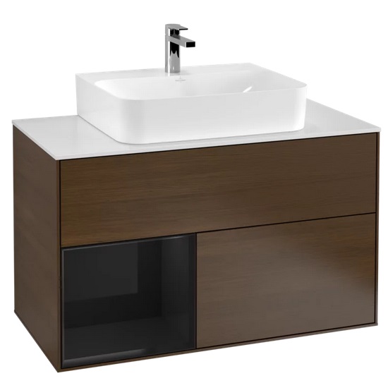 Тумба под раковину Villeroy & Boch Finion 100х50,1 см с подсветкой ДСП шпон грецкого ореха/глянцевый черный лак/стекло белое матовое F111PHGN