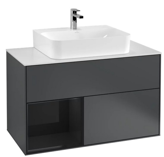 Тумба под раковину Villeroy & Boch Finion 100х50,1 см с подсветкой МДФ темно-синий матовый лак/глянцевый черный лак/стекло белое матовое F111PHHG