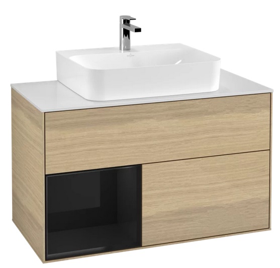 Тумба під раковину Villeroy & Boch Finion 100х50,1 см із підсвічуванням ДСП шпон дуба/глянцевий чорний лак/скло біле матове F111PHPC