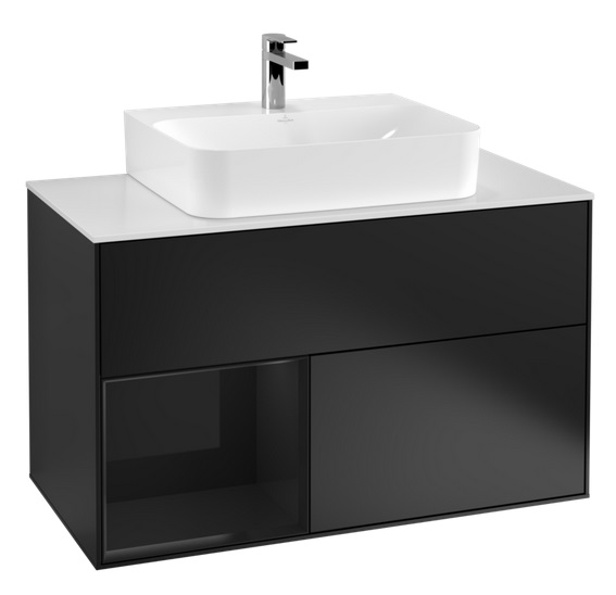 Тумба під раковину Villeroy & Boch Finion 100х50,1 см із підсвічуванням МДФ чорний матовий лак/глянцевий чорний лак/скло біле матове F111PHPD