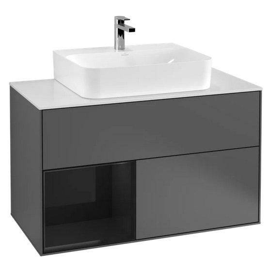 Тумба під раковину Villeroy & Boch Finion 100х50,1 см із підсвічуванням МДФ антрацит матовий лак/глянцевий чорний лак/скло біле матове F111PHGK