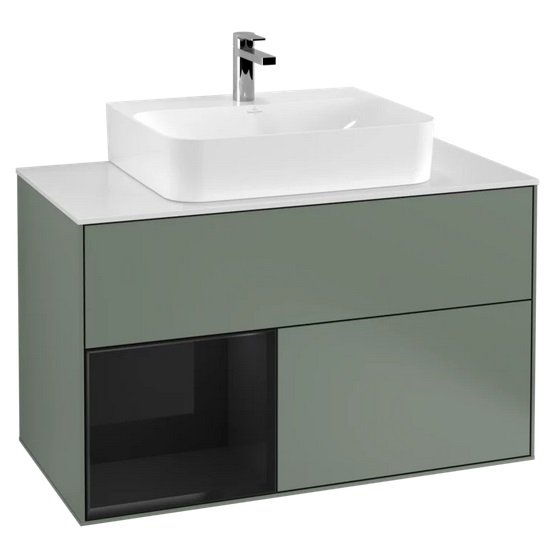 Тумба под раковину Villeroy & Boch Finion 100х50,1 см с подсветкой МДФ оливковый матовый лак/глянцевый черный лак/стекло белое матовое F111PHGM