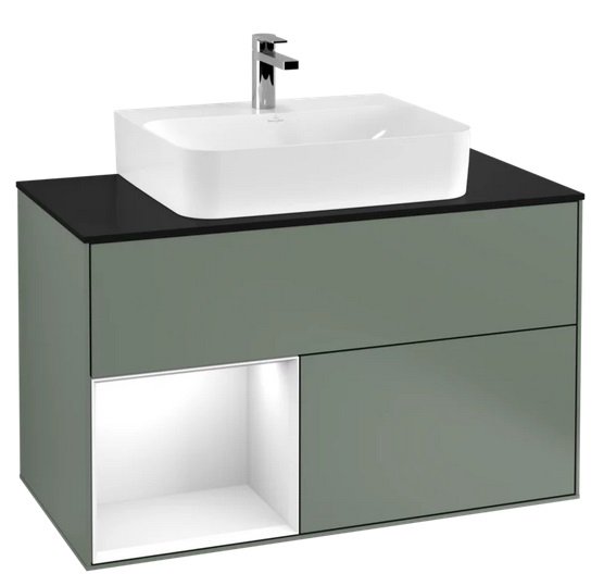 Тумба под раковину Villeroy & Boch Finion 100х50,1 см с подсветкой МДФ оливковый матовый лак/глянцевый белый лак/стекло черное матовое F112GFGM