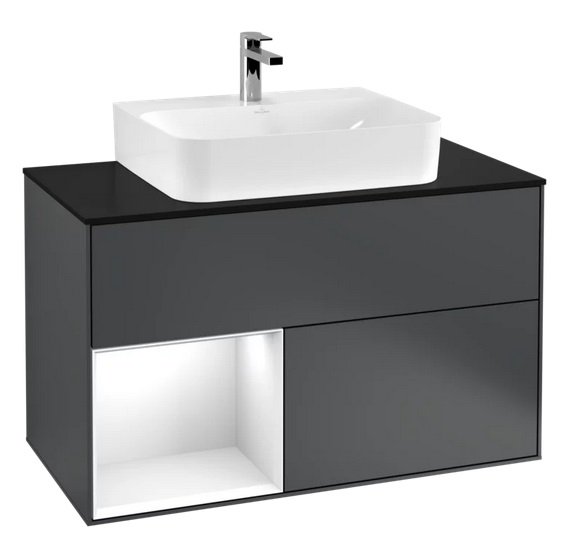 Тумба під раковину Villeroy & Boch Finion 100х50,1 см із підсвічуванням МДФ темно-синій матовий лак/глянцевий білий лак/скло чорне матове F112GFHG