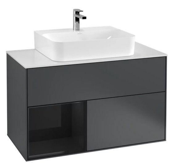 Тумба под раковину Villeroy & Boch Finion 100х50,1 см с подсветкой МДФ темно-синий матовый лак/глянцевый черный лак/стекло белое матовое F111PHHG