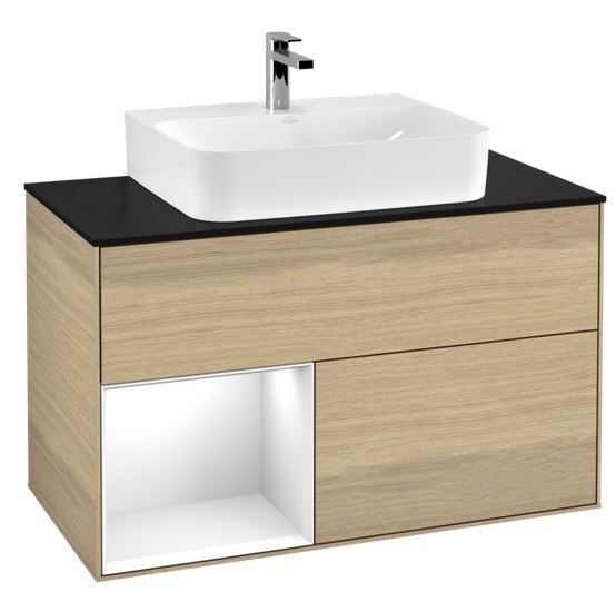 Тумба под раковину Villeroy & Boch Finion 100х50,1 см с подсветкой ДСП шпон дуба/глянцевый белый лак/стекло черное матовое F112GFPC