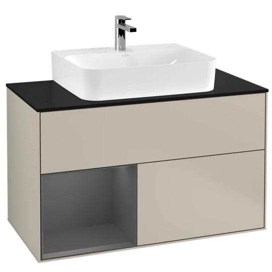 Тумба під раковину Villeroy & Boch Finion 100х50,1 см з підсвічуванням МДФ пісок матовий лак/антрацит матовий лак/скло чорне матове F112GKHH