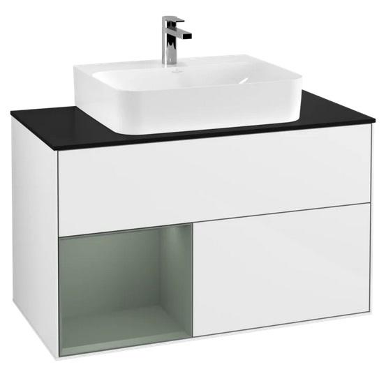 Тумба под раковину Villeroy & Boch Finion 100х50,1 см с подсветкой МДФ глянцевый белый лак/оливковый матовый лак/стекло черное матовое F112GMGF