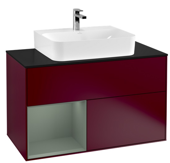 Тумба під раковину Villeroy & Boch Finion 100х50,1 см з підсвічуванням МДФ півонія матовий лак/оливковий матовий лак/скло чорне матове F112GMHB