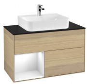 Тумба под раковину Villeroy & Boch Finion 100х50,1 см с подсветкой ДСП шпон дуба/глянцевый белый лак/стекло черное матовое F112GFPC