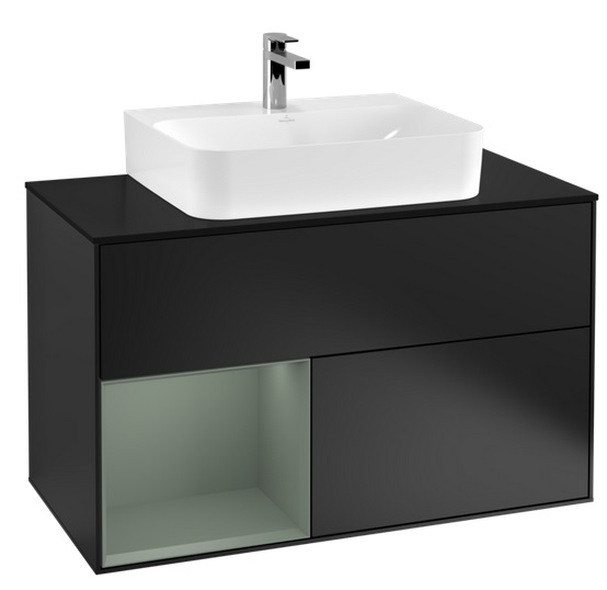 Тумба під раковину Villeroy & Boch Finion 100х50,1 см із підсвічуванням МДФ чорний матовий лак/оливковий матовий лак/скло чорне матове F112GMPD