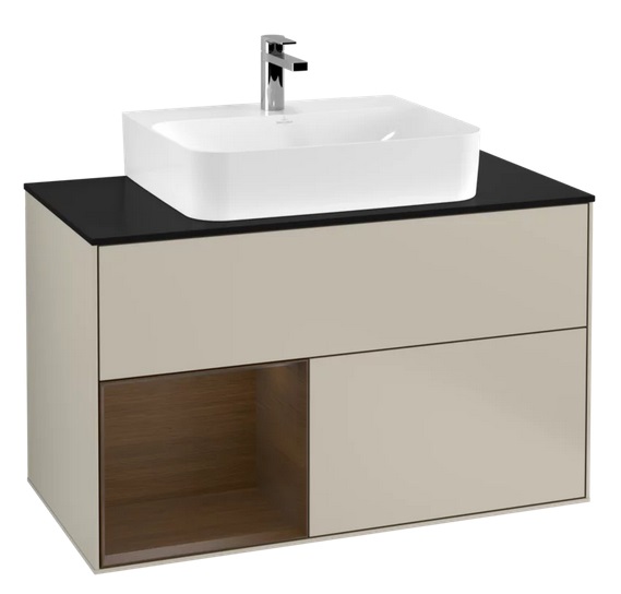 Тумба под раковину Villeroy & Boch Finion 100х50,1 см с подсветкой МДФ песок матовый лак/шпон грецкого ореха/стекло черное матовое F112GNHH