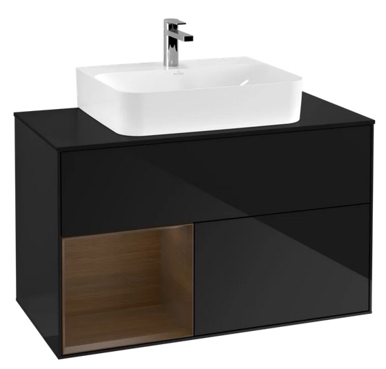 Тумба под раковину Villeroy & Boch Finion 100х50,1 см с подсветкой МДФ глянцевый черный лак/шпон грецкого ореха/стекло черное матовое F112GNPH