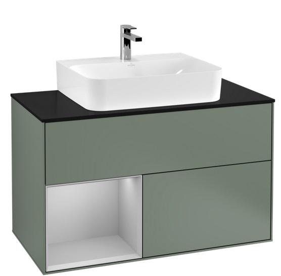 Тумба під раковину Villeroy & Boch Finion 100х50,1 см із підсвічуванням МДФ оливковий матовий лак/світло-сірий матовий лак/скло чорне матове F112GJGM