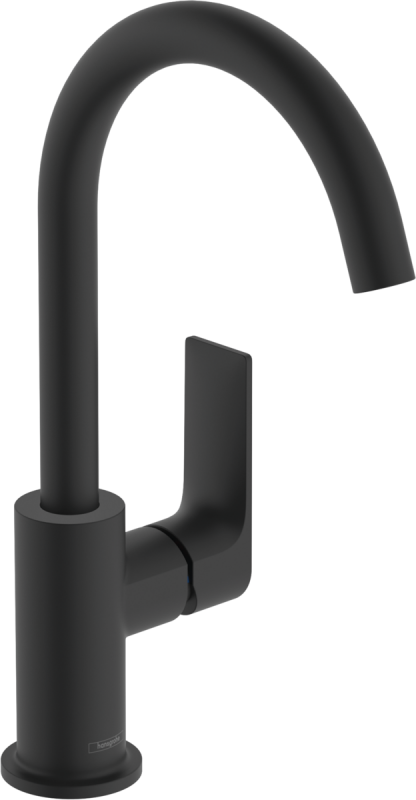 Смеситель для раковины Hansgrohe Rebris E с поворотным изливом и сливным гарнитуром однорычажный черный матовый 72576670