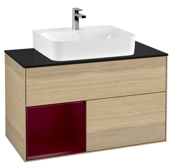 Тумба под раковину Villeroy & Boch Finion 100х50,1 см с подсветкой ДСП шпон дуба/пион матовый лак/стекло черное матовое F112HBPC