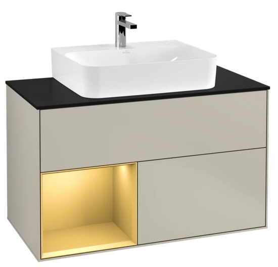 Тумба под раковину Villeroy & Boch Finion 100х50,1 см с подсветкой МДФ песок матовый лак/золотой матовый лак/стекло черное матовое F112HFHH