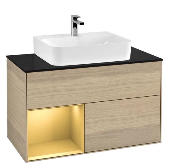 Тумба под раковину Villeroy & Boch Finion 100х50,1 см с подсветкой ДСП шпон дуба/золотой матовый лак/стекло черное матовое F112HFPC