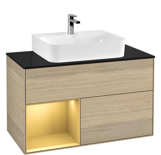 Тумба под раковину Villeroy & Boch Finion 100х50,1 см с подсветкой ДСП шпон дуба/золотой матовый лак/стекло черное матовое F112HFPC