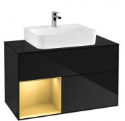 Тумба под раковину Villeroy & Boch Finion 100х50,1 см с подсветкой МДФ глянцевый черный лак/золотой матовый лак/стекло черное матовое F112HFPH