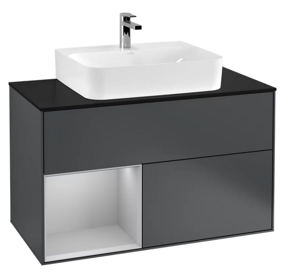 Тумба под раковину Villeroy & Boch Finion 100х50,1 см с подсветкой МДФ темно-синий матовый лак/светло-серый матовый лак/стекло черное матовое F112GJHG