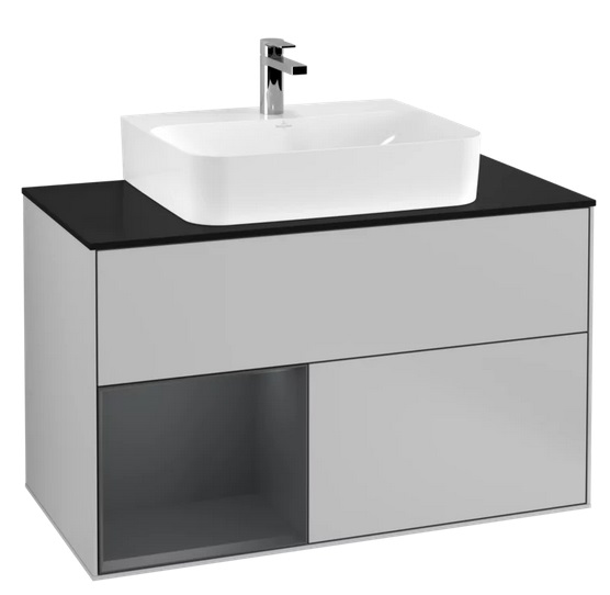 Тумба під раковину Villeroy & Boch Finion 100х50,1 см із підсвічуванням МДФ світло-сірий матовий лак/темно-синій матовий лак/скло чорне матове F112HGGJ