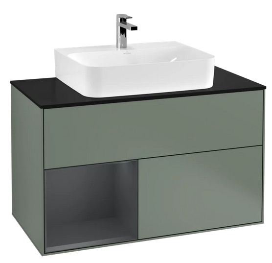 Тумба під раковину Villeroy & Boch Finion 100х50,1 см із підсвічуванням МДФ оливковий матовий лак/темно-синій матовий лак/скло чорне матове F112HGGM