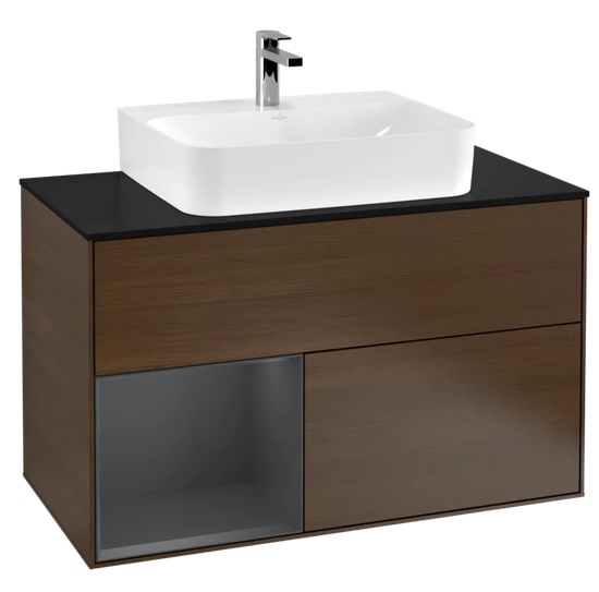 Тумба под раковину Villeroy & Boch Finion 100х50,1 см с подсветкой ДСП шпон грецкого ореха/темно-синий матовый лак/стекло черное матовое F112HGGN