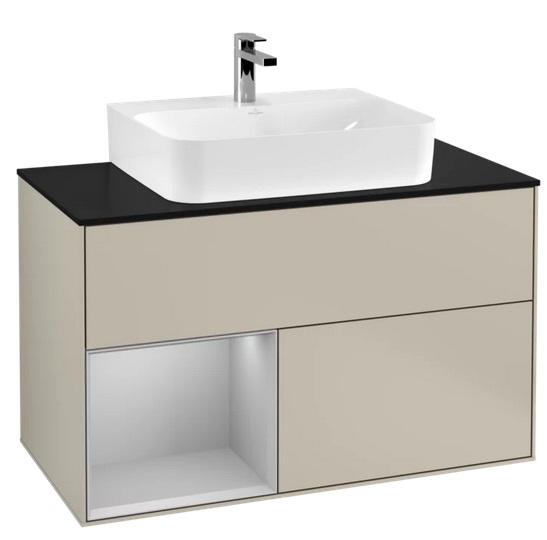 Тумба под раковину Villeroy & Boch Finion 100х50,1 см с подсветкой МДФ песок матовый лак/светло-серый матовый лак/стекло черное матовое F112GJHH