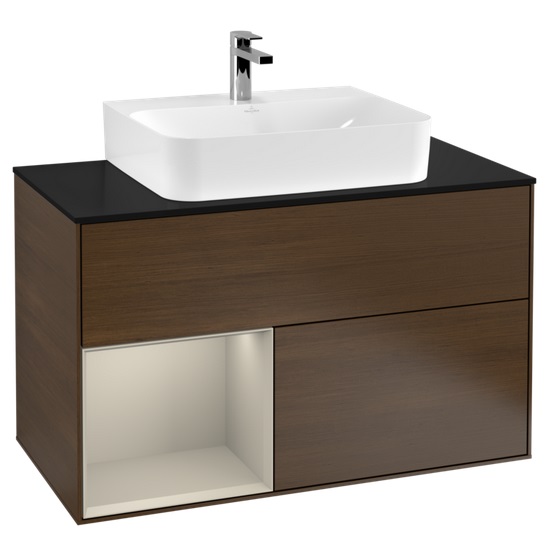 Тумба під раковину Villeroy & Boch Finion 100х50,1 см з підсвічуванням ДСП шпон волоського горіха/пісок матовий лак/скло чорне матове F112HHGN