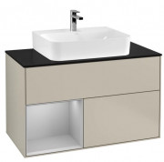 Тумба под раковину Villeroy & Boch Finion 100х50,1 см с подсветкой МДФ песок матовый лак/светло-серый матовый лак/стекло черное матовое F112GJHH