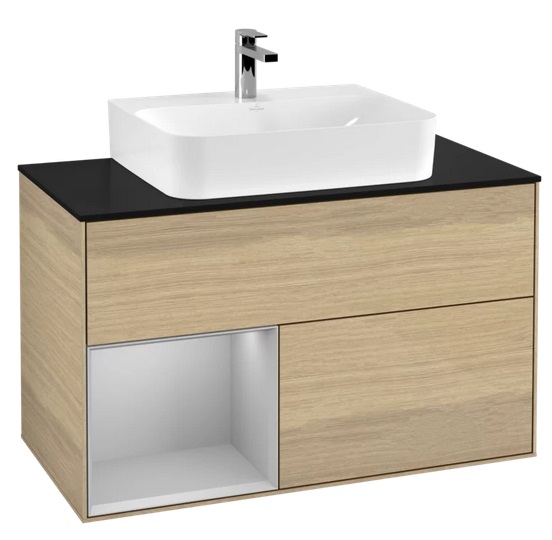 Тумба под раковину Villeroy & Boch Finion 100х50,1 см с подсветкой ДСП шпон дуба/светло-серый матовый лак/стекло черное матовое F112GJPC