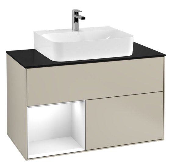 Тумба под раковину Villeroy & Boch Finion 100х50,1 см с подсветкой МДФ песок матовый лак/глянцевый белый лак/стекло черное матовое F112GFHH
