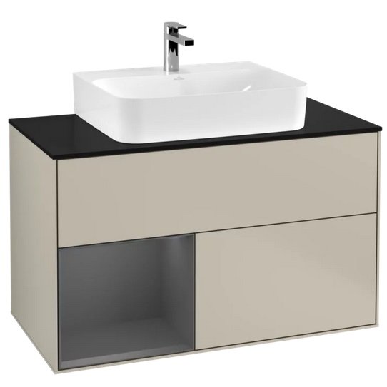 Тумба под раковину Villeroy & Boch Finion 100х50,1 см с подсветкой МДФ песок матовый лак/антрацит матовый лак/стекло черное матовое F112GKHH