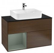 Тумба під раковину Villeroy & Boch Finion 100х50,1 см із підсвічуванням ДСП шпон волоського горіха/оливковий матовий лак/скло чорне матове F112GMGN