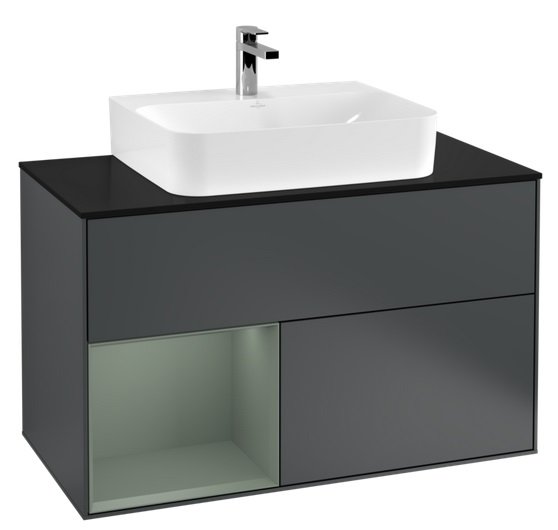 Тумба под раковину Villeroy & Boch Finion 100х50,1 см с подсветкой МДФ темно-синий матовый лак/оливковый матовый лак/стекло черное матовое F112GMHG
