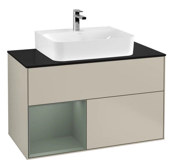 Тумба под раковину Villeroy & Boch Finion 100х50,1 см с подсветкой МДФ песок матовый лак/оливковый матовый лак/стекло черное матовое F112GMHH
