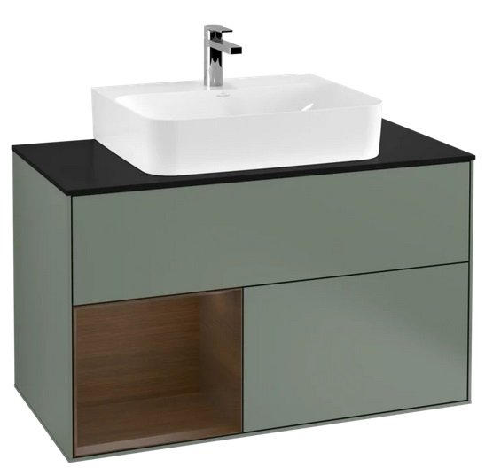 Тумба под раковину Villeroy & Boch Finion 100х50,1 см с подсветкой МДФ оливковый матовый лак/шпон грецкого ореха/стекло черное матовое F112GNGM